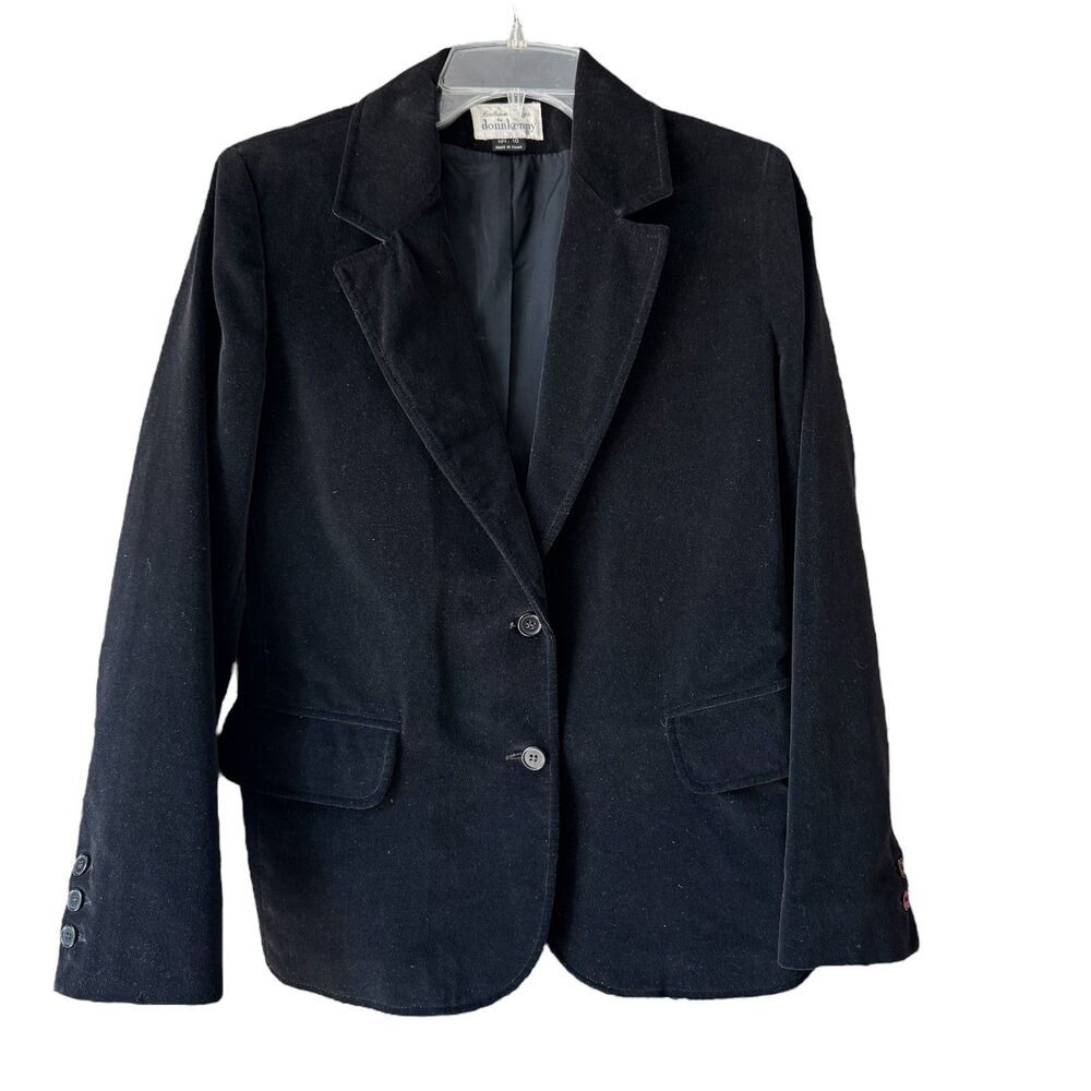 Donnkenny Black 100% Cotton Fitted Velvet Blazer Vintage 2 Button Front Pockets